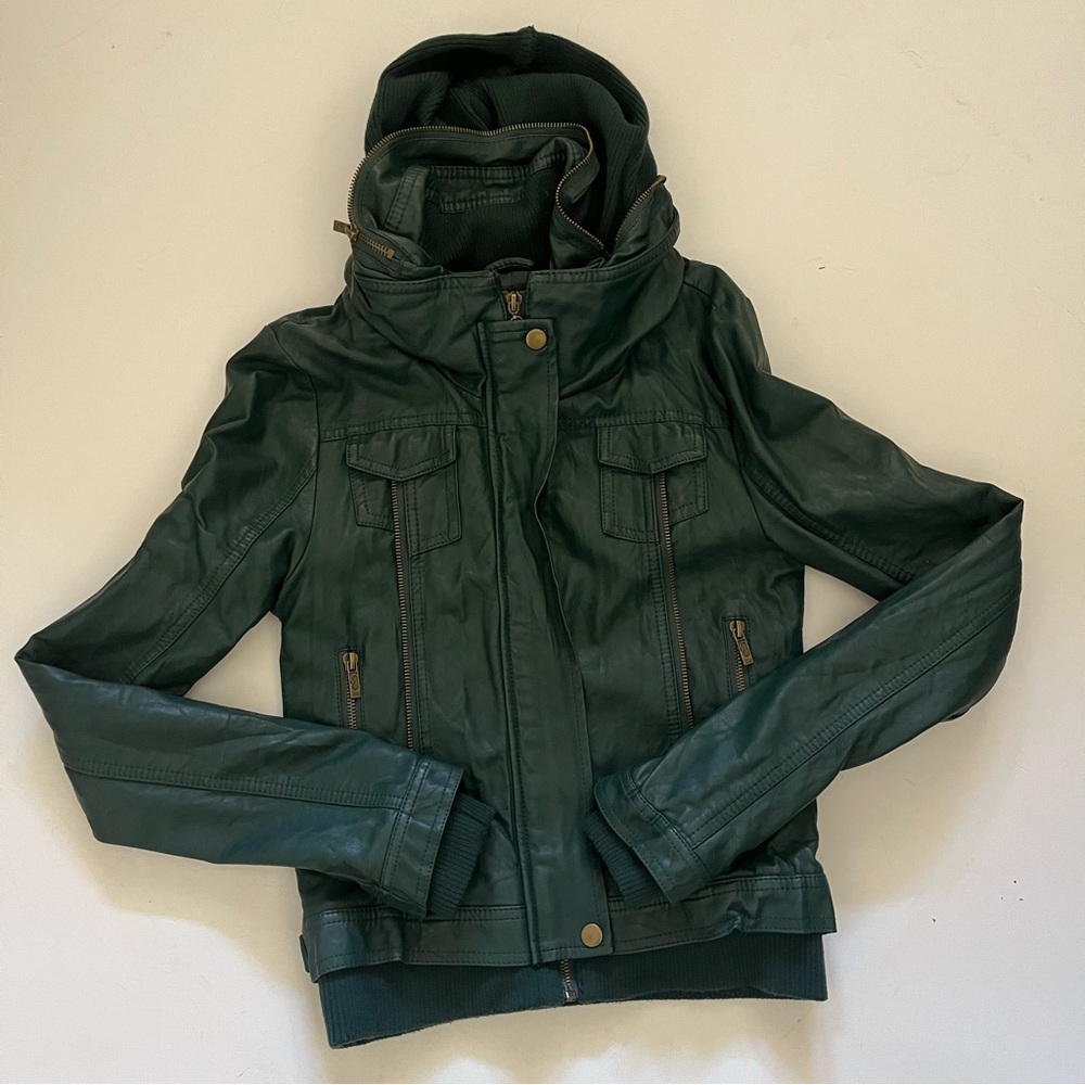 Esley Collection Forrest Green Vegan moto jacket hoodie size Small